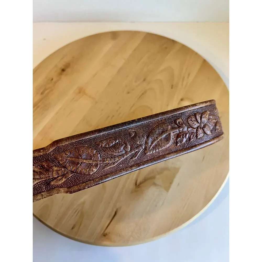 Vintage Brown Tooled Floral Western Wooden Carved Buckle Belt Size Medium